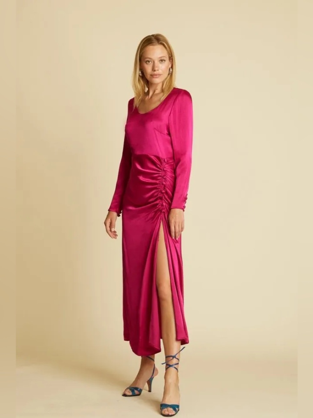 Line by K Satin Ruched Side-Slit Long Sleeve Dress - Fuchsia Pink